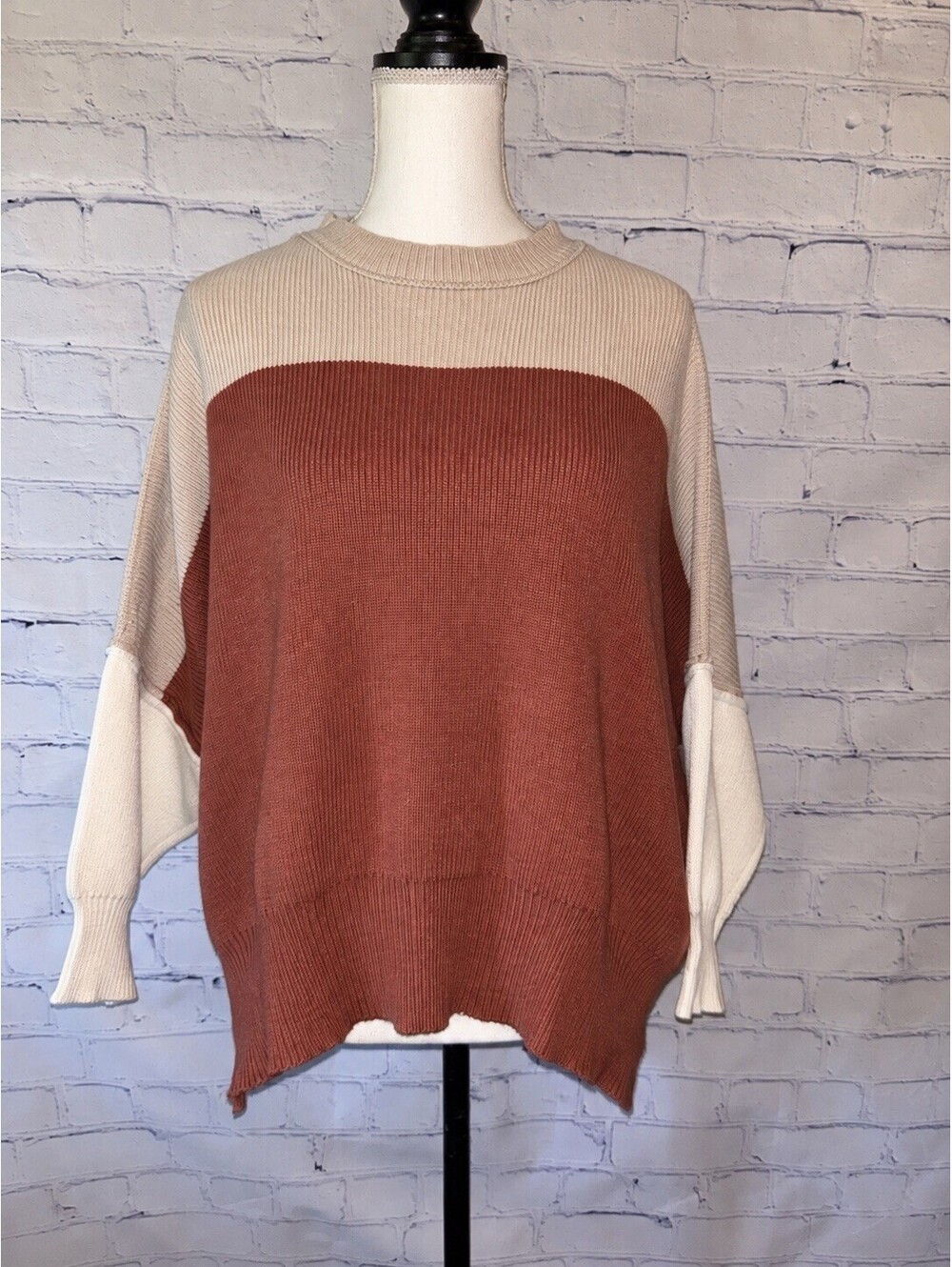 Pink Lily Womens M Oversized Colorblock Sweater Rust Cream Tan Boho Fall Knit